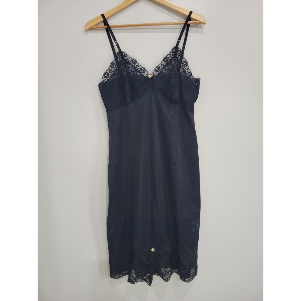 Van Raalte Vintage Black Nylon Lace Trim Full Slip‎ Dress Made in USA Size 36 S